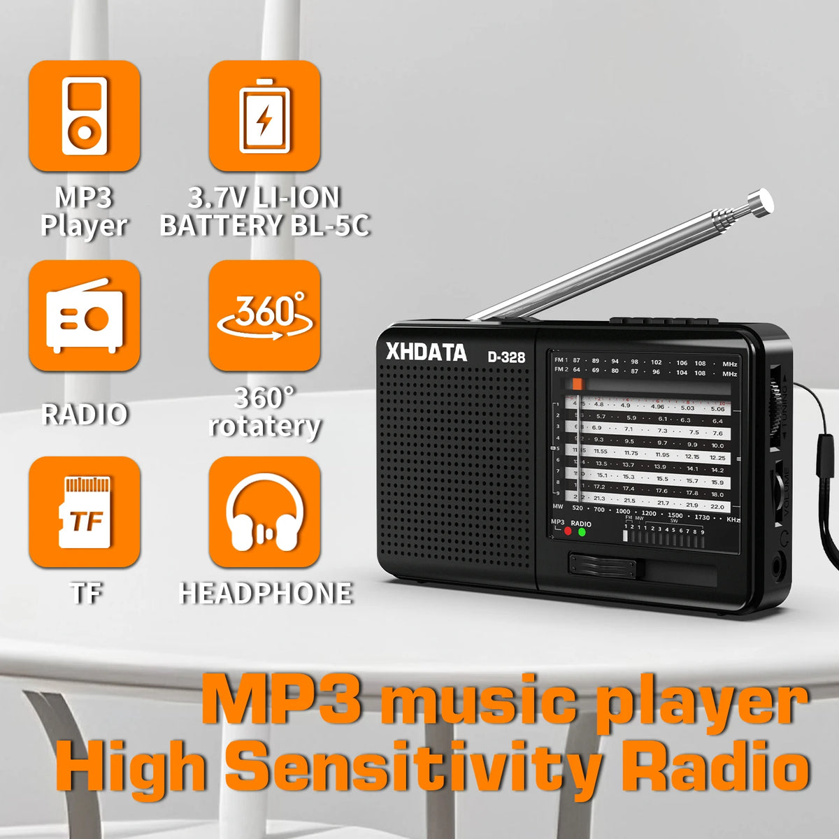 XHDATA D-368/ D-328 Portable Radio FM1-2/AM/SW 12 Band MP3 Player Bluetooth/TF Card With Headphone Jack For Elder Easy Use