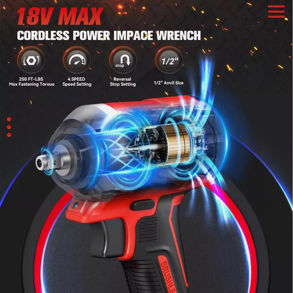 Brushless Impac Wrench 1/2" Repair Cordless Screwdriver 4 Gears Power Tools 500N.m Electric Driver for Milwaukee 18V Battery