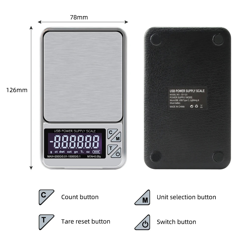 Digital Jewelry Scale High Precision 200g/1000gx0.01g Accuracy Smart Counting Gem Food Balance Kitchen Pocket Scales USB Charge