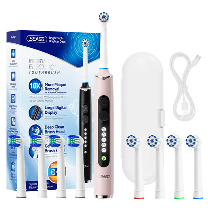Seago Rotating Electric Toothbrush for Adults with 8 Toothbrush Heads and Travel Box Smart Display 5 Modes Waterproof SG-2607