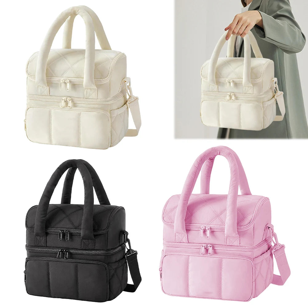Insulated Double Deck Lunch Bag for Women Ladies Puffy Padded Lunch Tote Waterproof Bento Top Handle Bag for Work Picnic Travel