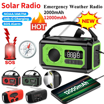 12000mAh Small Portable Radio Solar Panels Emergency Radio Survival with crank Multifunction rechargeable Flashlight Power Bank