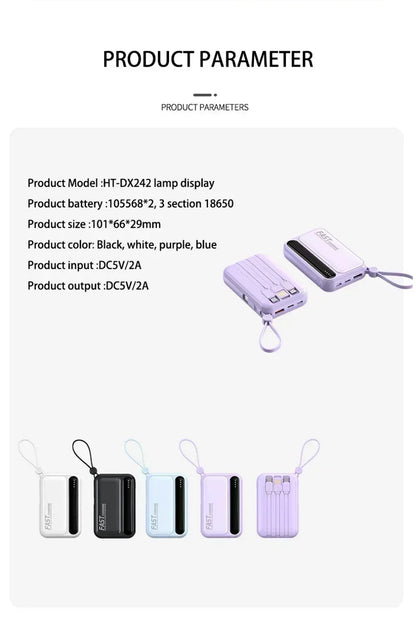 Lenovo 500000mAh Fast Charge Power Bank Portable Large Capacity 4 Built‑in Cables Backup Battery for Smartphones Daily Outdoor