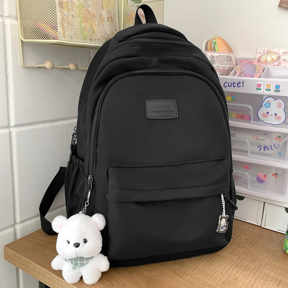 College Student Rucksack Large Capacity Casual Book Bags with Cute Pendant Simple Adjustable Strap Fashion for Outdoor Sport