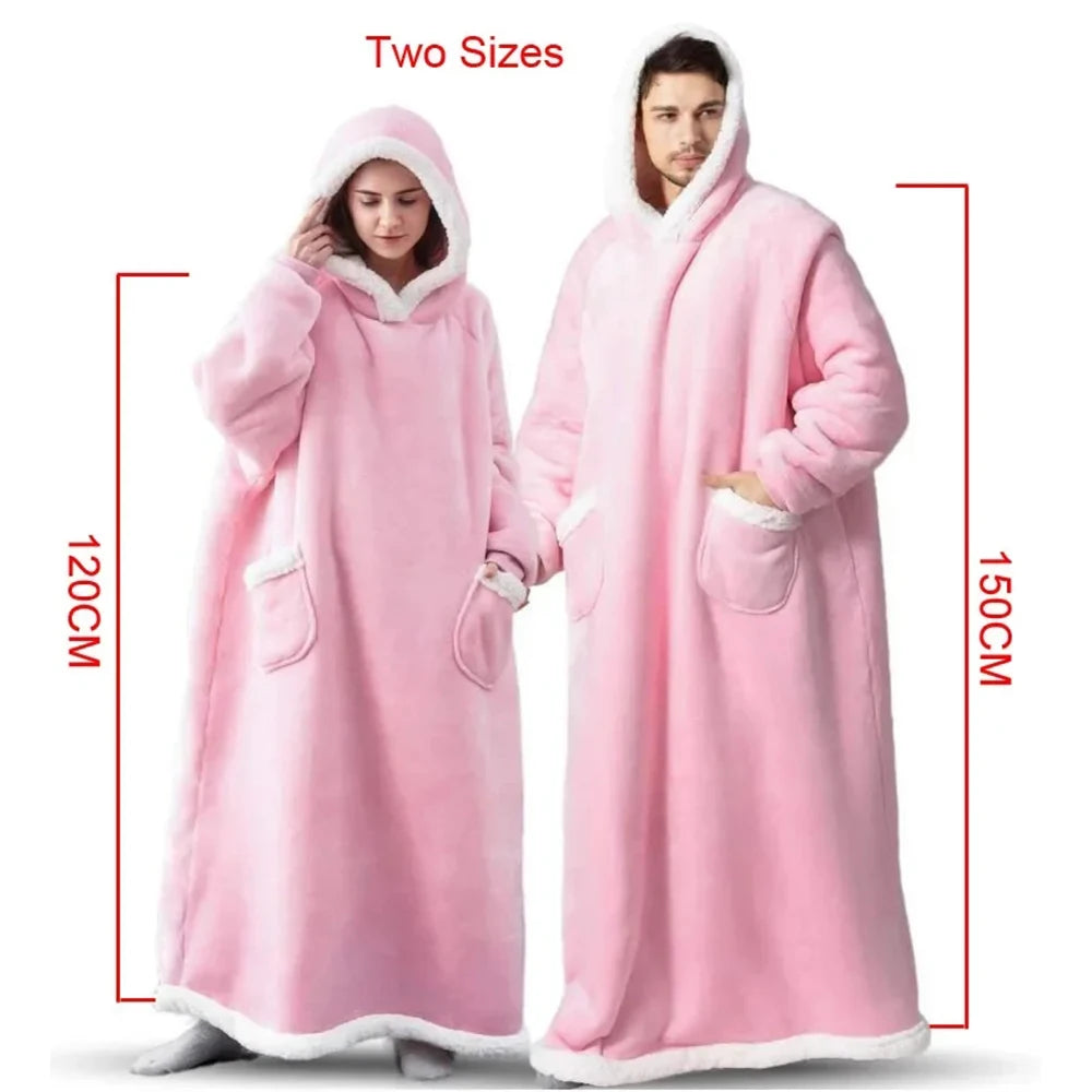 180cm Super Long Flannel Blanket Pyjamas with Sleeves Winter Hoodies Sweatshirt Women Men Pullover Fleece Giant Oversized Outdoo