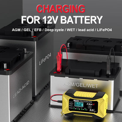 12V 6A Car Battery Charger Pulse Repair LiFePO4 14.6V Smart Fast Charge AGM Deep Cycle GEL Lead-Acid Charger For Auto Motorcycle