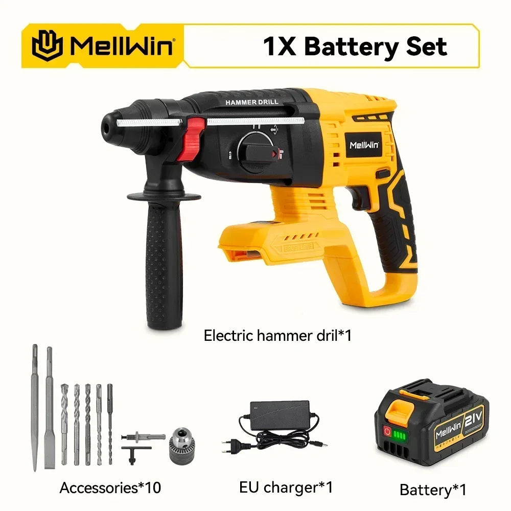 MELLWIN 3 in 1 Brushless Electric Hammer Drill Multifunction Impact Hammer for Steel Concrete Wood For Makita 18V Battery Pin