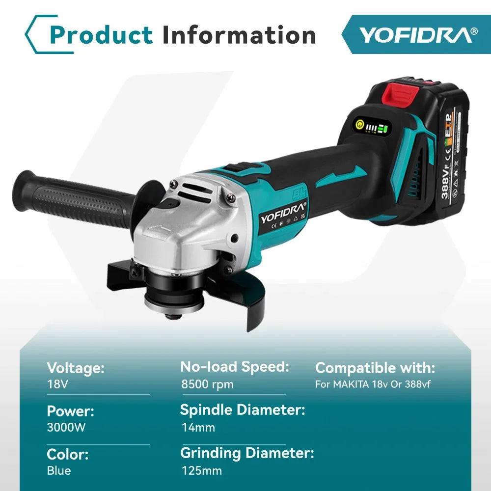 YOFIDRA 125mm Brushless Angle Grinder 4 Gear Cordless Grinding Machine Cutting Woodworking Power Tool For Makita 18V Battery Pin