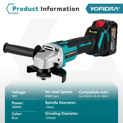 YOFIDRA 125mm Brushless Angle Grinder 4 Gear Cordless Grinding Machine Cutting Woodworking Power Tool For Makita 18V Battery Pin