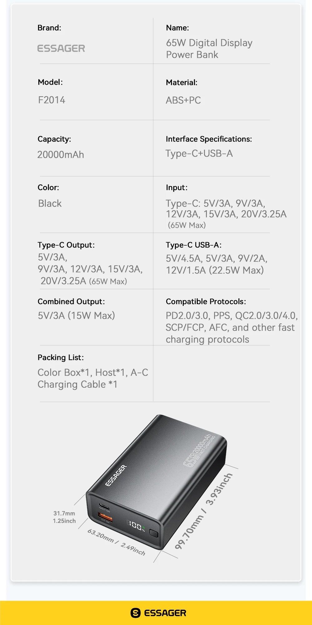 Essager Power Bank 20000mAh Portable PD 65W Fast Charging Mobile Phone External Battery Powerbank For IPhone17 16 15 Laptop Mac