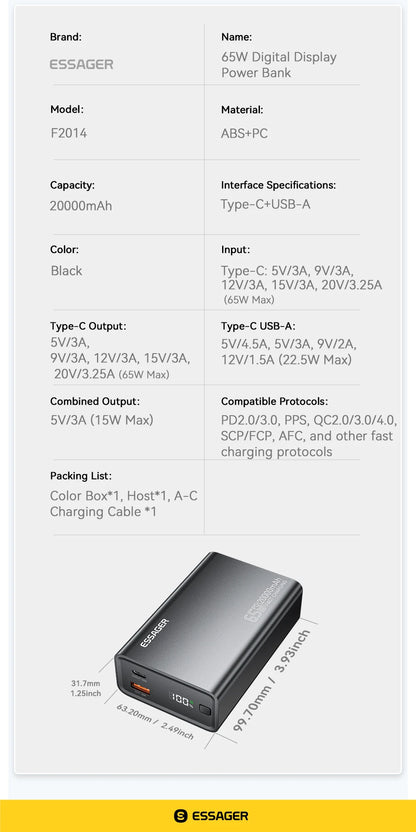 Essager Power Bank 20000mAh Portable PD 65W Fast Charging Mobile Phone External Battery Powerbank For IPhone17 16 15 Laptop Mac