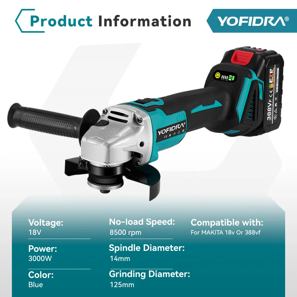 YOFIDRA 125mm Brushless Angle Grinder 4 Gear Cordless Grinding Machine Cutting Woodworking Power Tool For Makita 18V Battery Pin