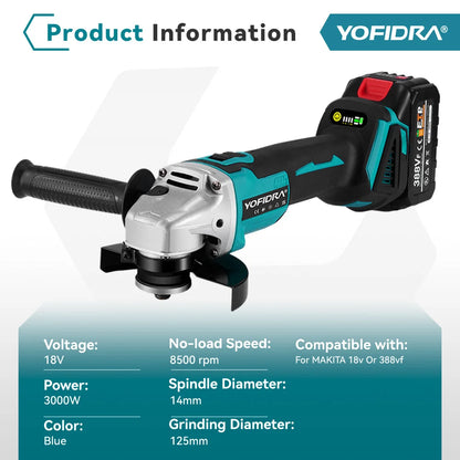 YOFIDRA 125mm Brushless Angle Grinder 4 Gear Cordless Grinding Machine Cutting Woodworking Power Tool For Makita 18V Battery Pin