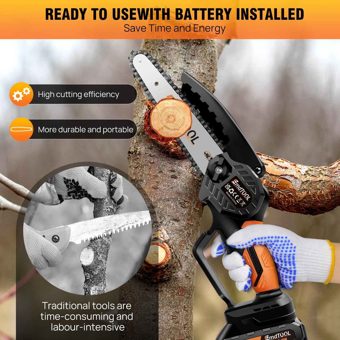 Handheld Mini Chainsaw Cordless 6 Inch Powerful Electric Chain saw with 2 Chains, Security Lock for Wood Cutting Tree Trimming