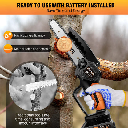 Handheld Mini Chainsaw Cordless 6 Inch Powerful Electric Chain saw with 2 Chains, Security Lock for Wood Cutting Tree Trimming