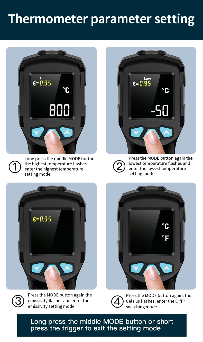 Digital Infrared Thermometer -50 to 800℃ Laser Thermometer -58 to 1472℉ Temperature Meter Digital Thermometer Backlight Alarm