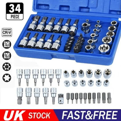 34PCS Drive Male Female Torx Torque Tork Star Bit Chrome Repair Sockets Auto Kit