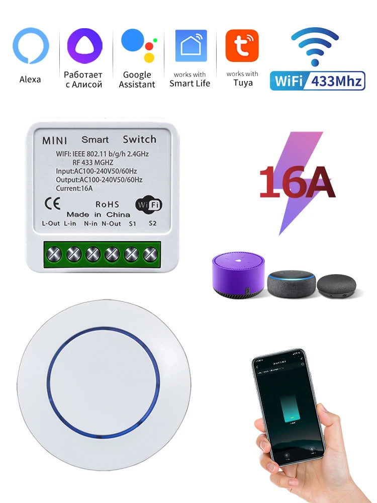 Tuya WiFi Smart Switch 16A 20A 100-240V Relay Controller RF433Mhz Wireless Remote Control Mini Round Panel Switch For Led Light