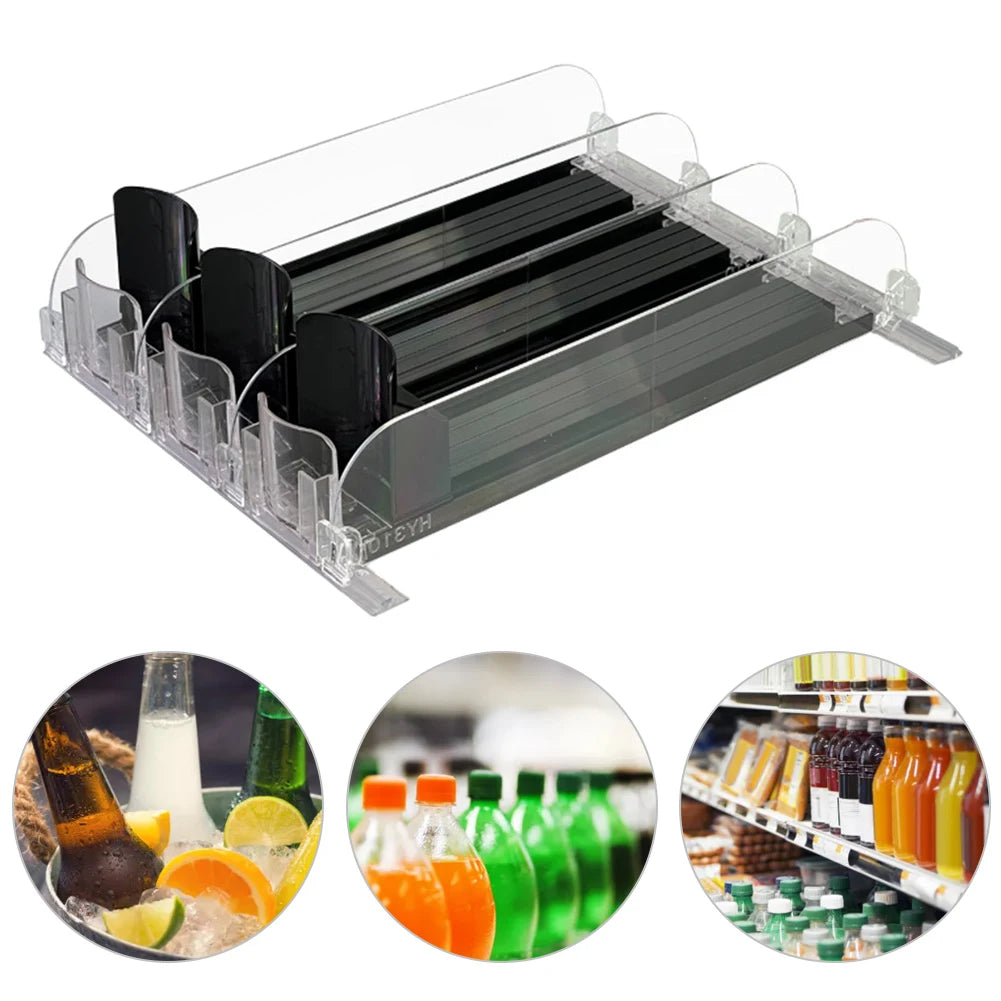 Can Shelf Pusher Adjustable WidthCanned Beverage Push Rack Spring Push Auto Beer Pusher Holder E-shaped Glide for Refrigerator