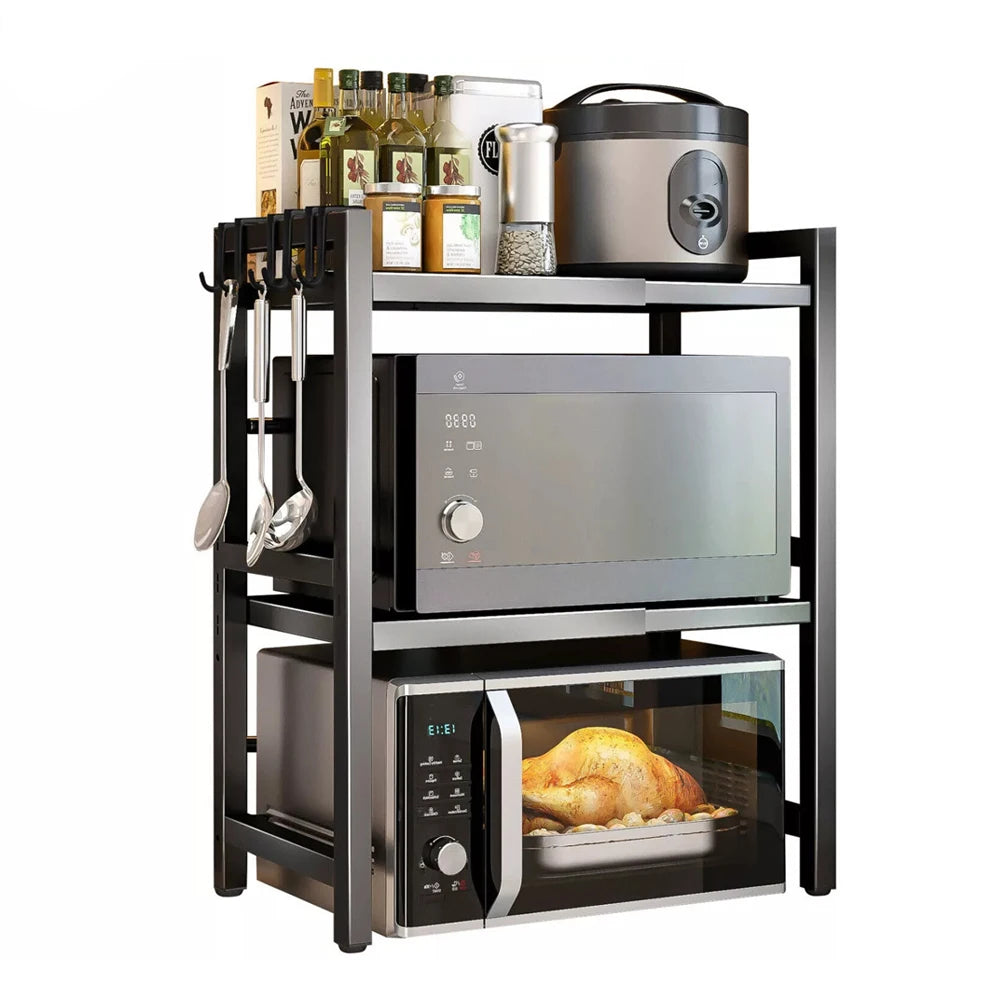 BonChoice 2/3-Tier Expandable Microwave Oven Rack Countertop for Kitchen, Microwave Shelf Stand Metal with 6 Hooks Black White