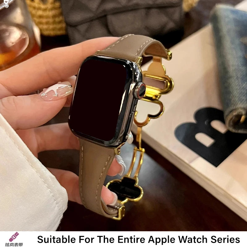 Four-leaf Clover Magnetic Leather Strap for Apple Watch 10 Band 46mm 44/42mm 45mm Thin Bracelet iWatch Series Women Watchband