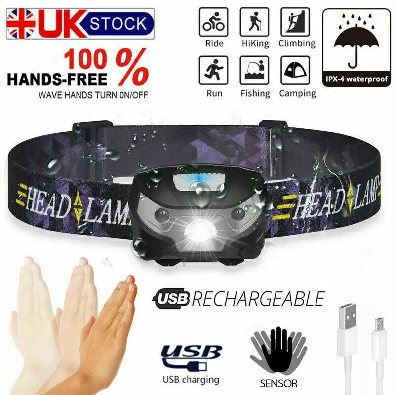 1/2X Super Bright Waterproof Head Torch Headlight LED USB Rechargeable Headlamp UK