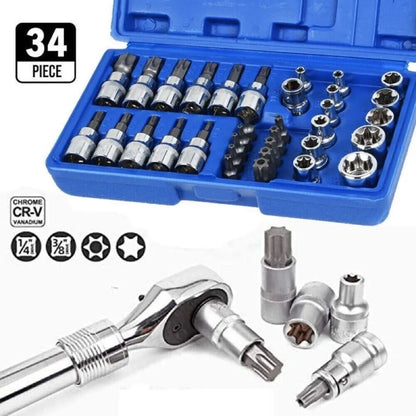 34PCS Drive Male Female Torx Torque Tork Star Bit Chrome Repair Sockets Auto Kit