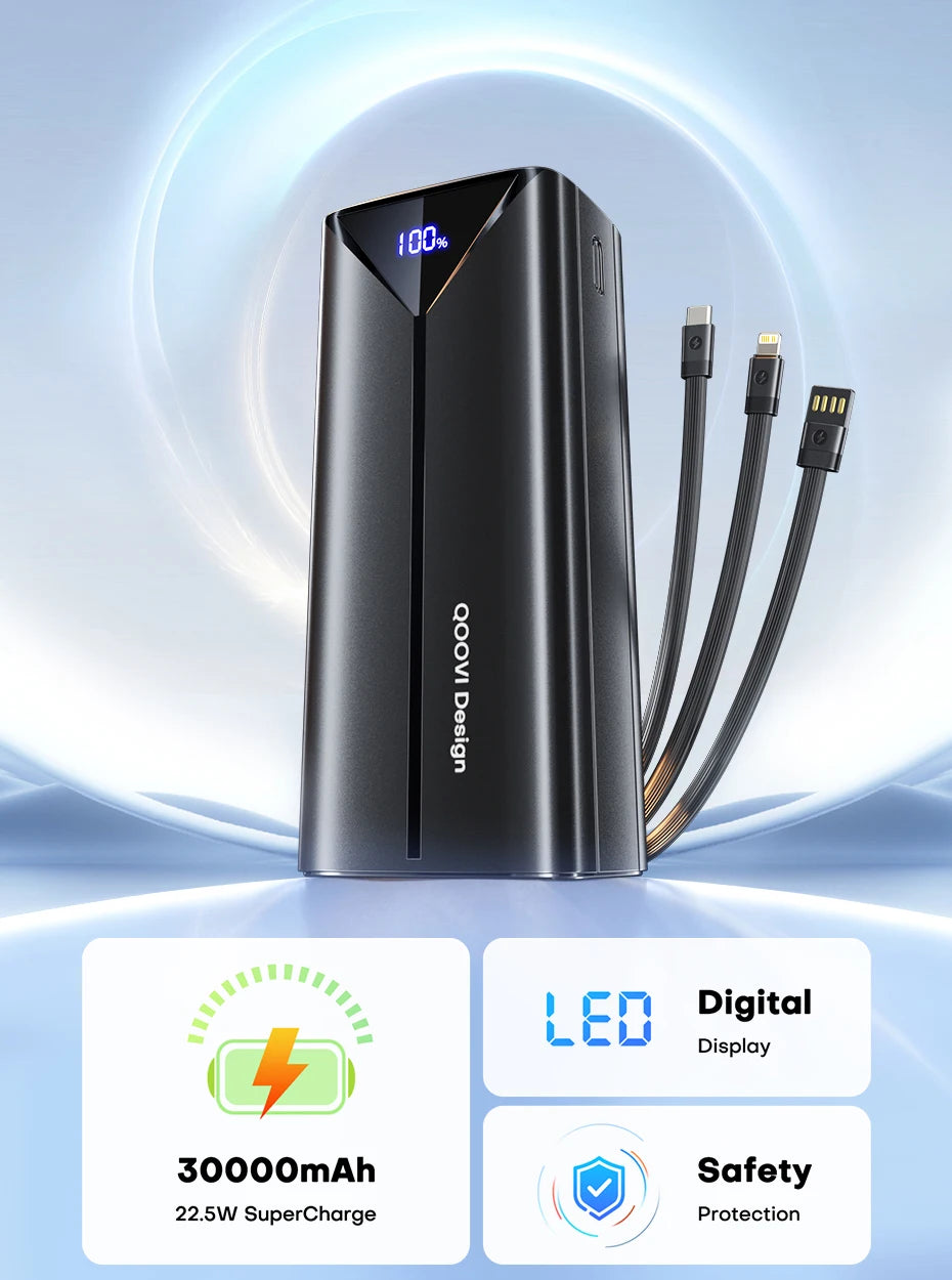 QOOVI 30000mah Power Bank 22.5W Fast Charging Built-in Cable External Large Battery Portable Charger For iPhone Samsung Xiaomi