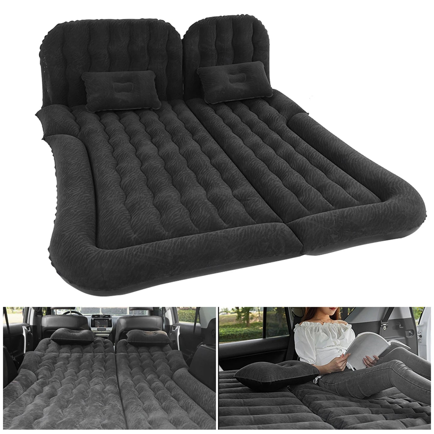 Car Travel Bed 2‑In‑1 Multifunction Inflatable Travel Mattress PVC Flocking Soft Sleeping Rest Cushion for Car SUV