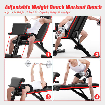 Adjustable Weight Bench, Utility Weight Bench, Home Exercise Equipment with Cushion Drawstring Support Bar for Full Body Workout