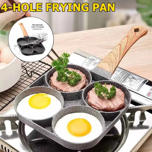 1/2Pcs 4-Hole Omelet Frying Pot Pan with Wooden Handle Frying Grill Non-stick Egg Pancake Steak Pan Cooking Egg Breakfast Maker