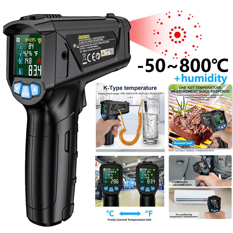 Digital Infrared Thermometer -50 to 800℃ Laser Thermometer -58 to 1472℉ Temperature Meter Digital Thermometer Backlight Alarm