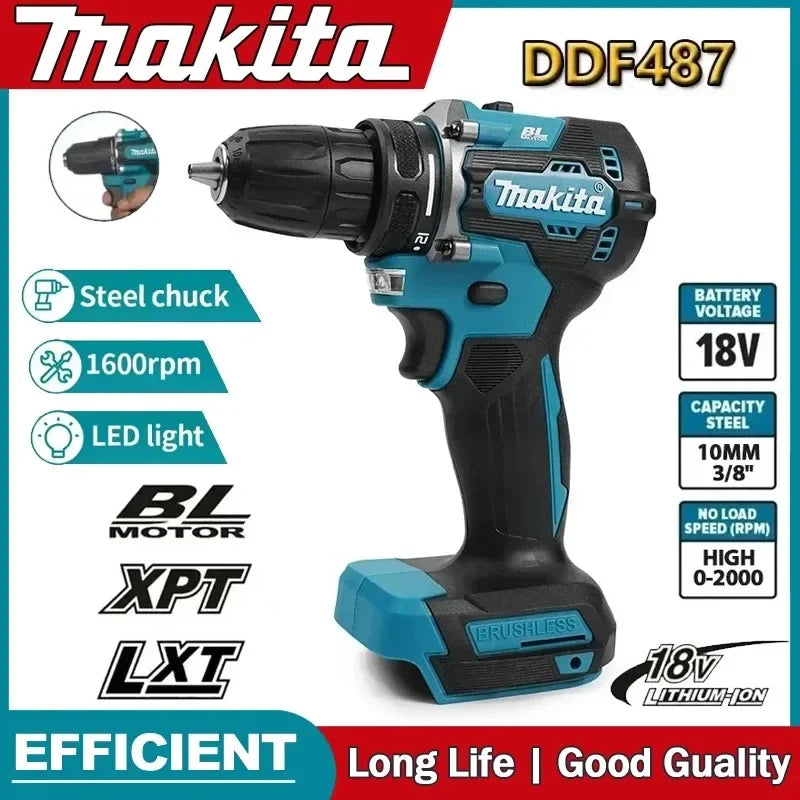 Makita 100%Original DDF487 Cordless Driver Drill 18V Brushless Electric Impact Screwdriver Rechargeable Power Tool