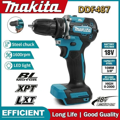 Makita 100%Original DDF487 Cordless Driver Drill 18V Brushless Electric Impact Screwdriver Rechargeable Power Tool