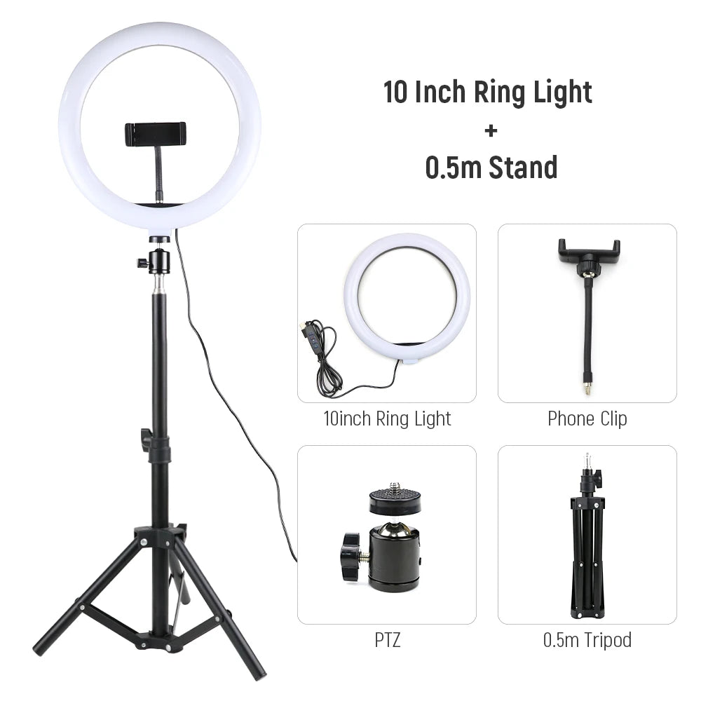26cm 10inch Led Selfie Ring Light Round Ring Lamp with Phone Holder Photography Fill Lighting with Tripod for Youtube Live Video