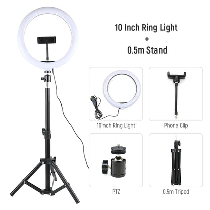 26cm 10inch Led Selfie Ring Light Round Ring Lamp with Phone Holder Photography Fill Lighting with Tripod for Youtube Live Video