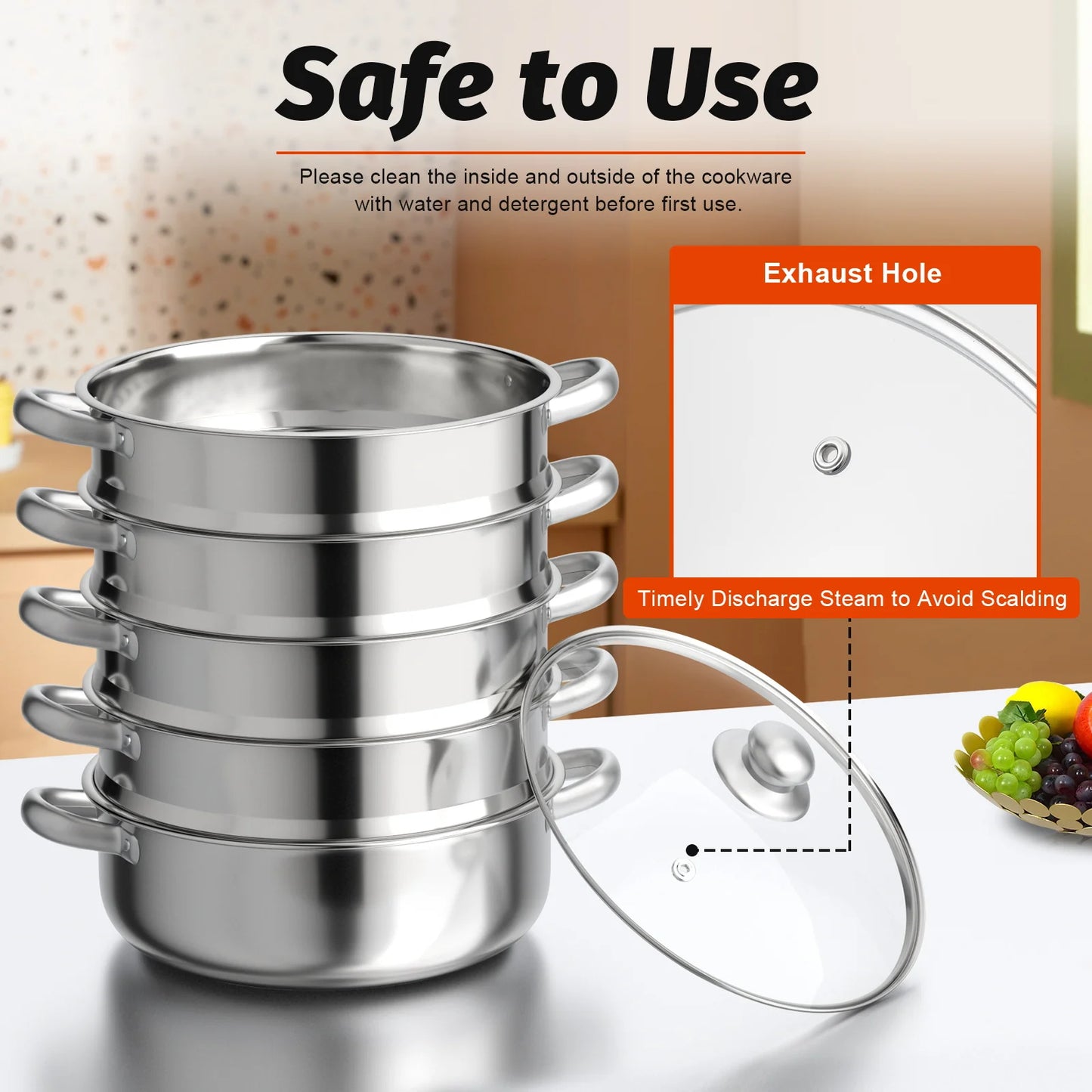 5 Tier  26/28/30/32cm Steame Cooker Steamer Pan Cook Food Veg Pot Stainless Steel Silver w/Glass Lid
