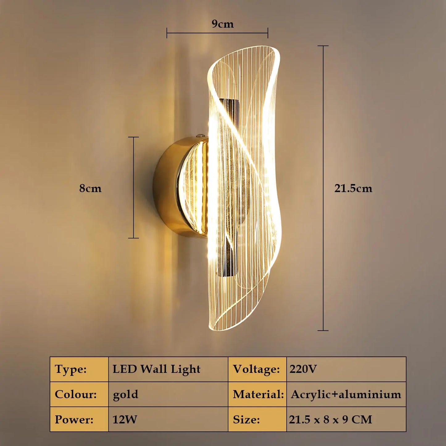 LED Interior Wall Sconce,12W Dimmable Modern Wall Lamp, Acrylic Interior Wall Light for Bedroom, Hallway,3000K-6500K, Gold
