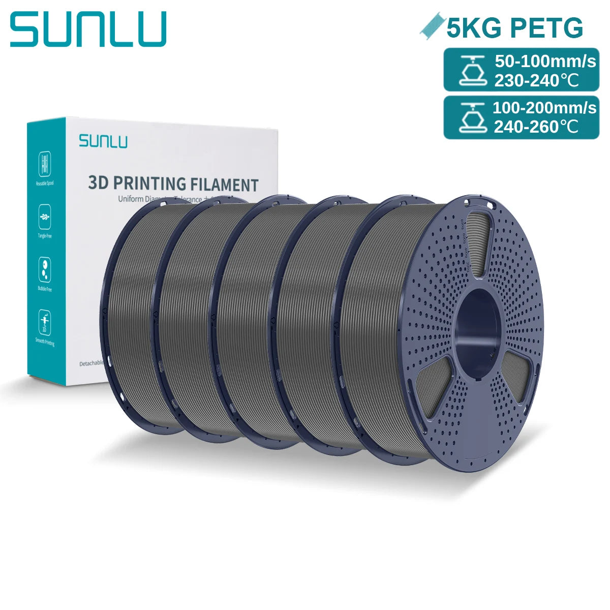SUNLU PETG 3D Printer Filament 5KG Neatly Wound Good Toughness 1.75mm 3D Filament with Reusable Spool for Most FDM Printer