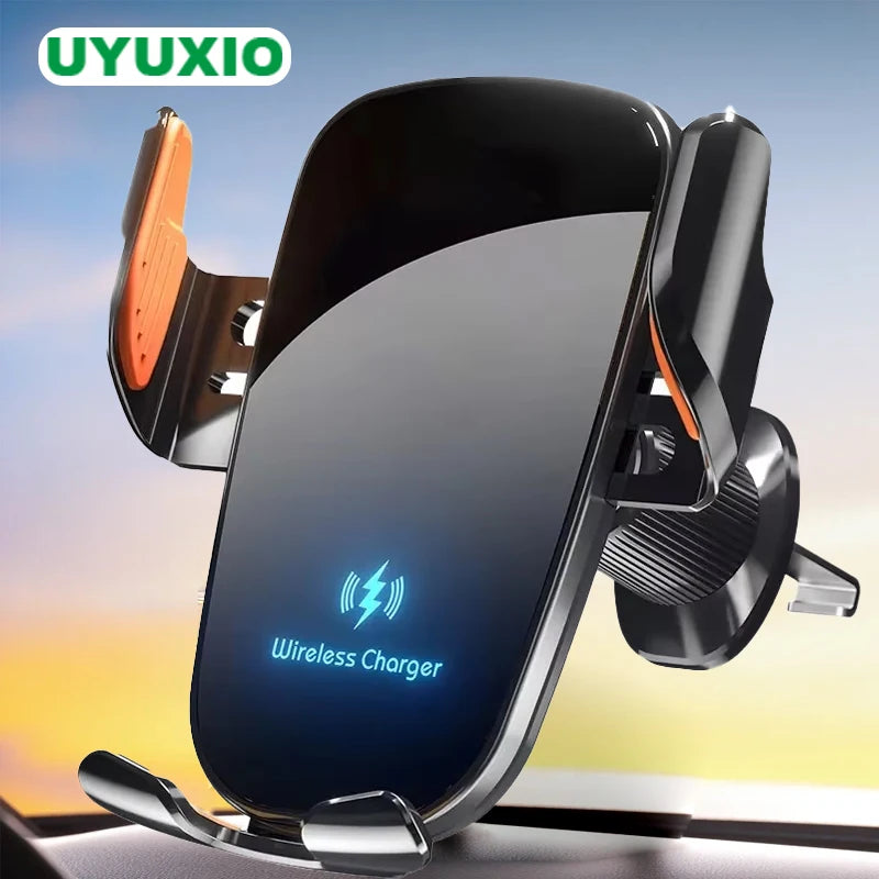 UYUXIO Manual Clamp Wireless Car Charger 15 Fast Charging Air Vent Car Mount Phone Holder for iPhone Samsung Android Phone