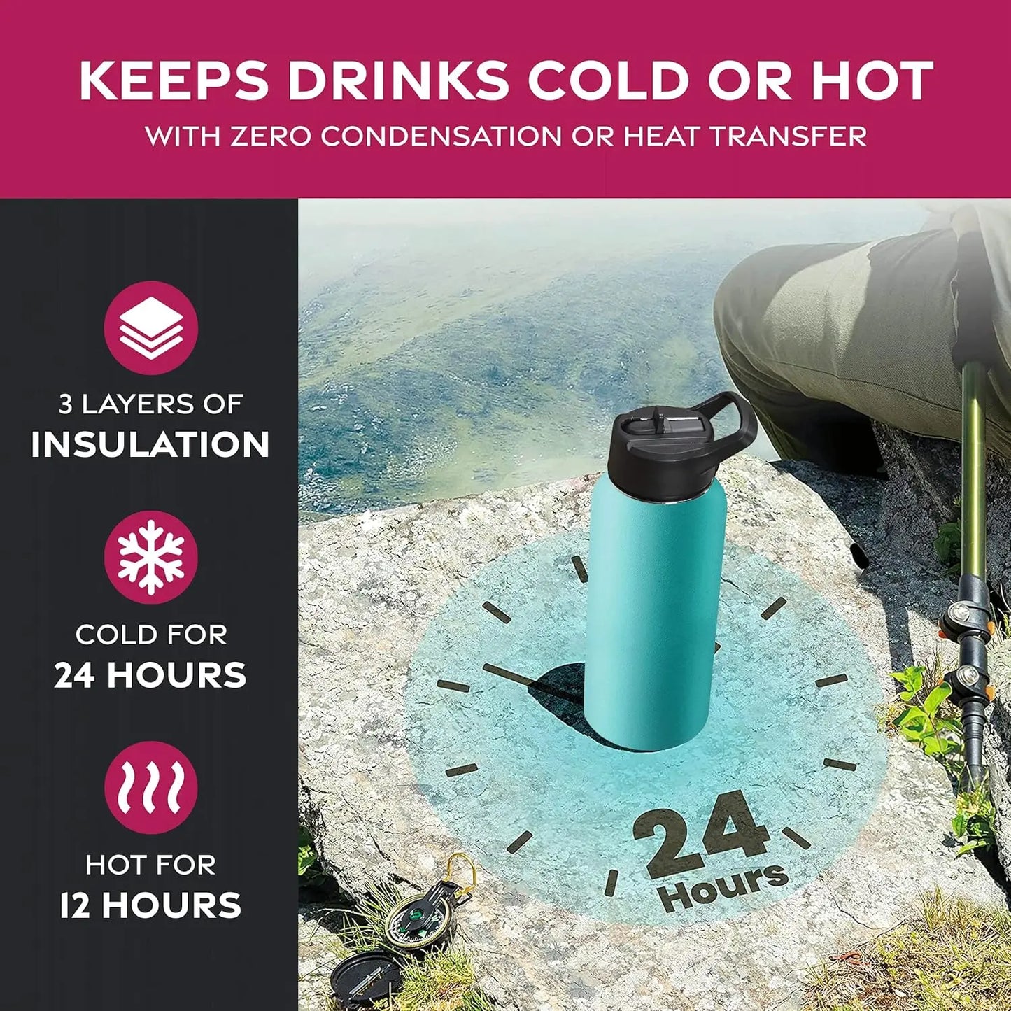FineDine Triple Walled, Insulated Water Bottles with Straw - 32 Oz Stainless Steel Metal Bottle W/ 3 Leak Proof