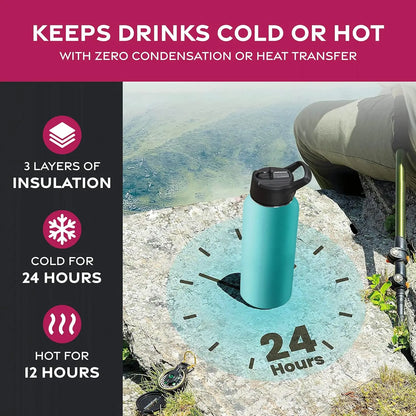 FineDine Triple Walled, Insulated Water Bottles with Straw - 32 Oz Stainless Steel Metal Bottle W/ 3 Leak Proof