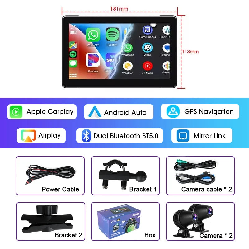 5/7 inch Carplay Motorcycle DVR Navigation GPS Wireless CarPlay Android Auto Airplay Display Screen Portable Moto Monitor IPX7