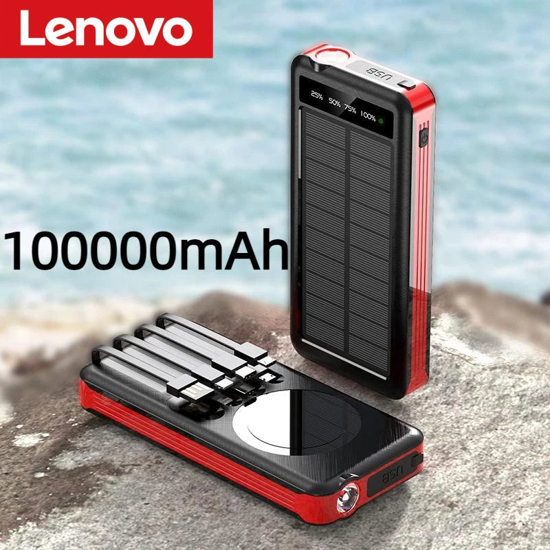 Lenovo 100000mAh 2 In 1 Solar Wireless Power Bank Large Capacity Portable Charger Fast Charging External Battery For Phone New