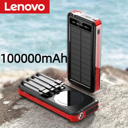Lenovo 100000mAh 2 In 1 Solar Wireless Power Bank Large Capacity Portable Charger Fast Charging External Battery For Phone New