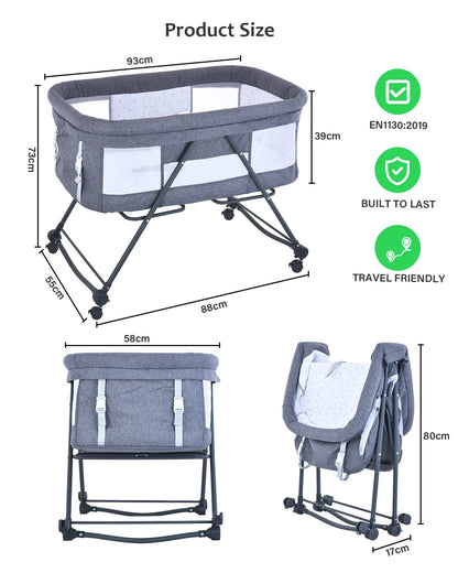 UBRAVOO Baby Grab-and-go Travel Cot  with Mattress & Silent Wheels,  Rocking Crib Convertible, XYT-001
