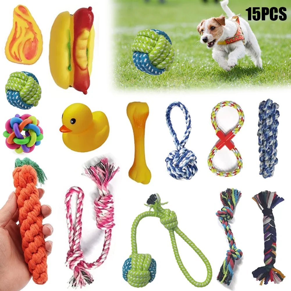 15pcs Dog Plush Toy, Dog Plush Toy Set, Tough Strong Knot Ball, Pet Puppy Teething Toy set,  Interactive Training Play
