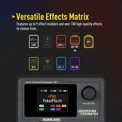SONICAKE Pocket Master Compact Guitar Bass Amp 100+ Multi-Effects Pedal APP Control 1.77" LCD color screen QME-10