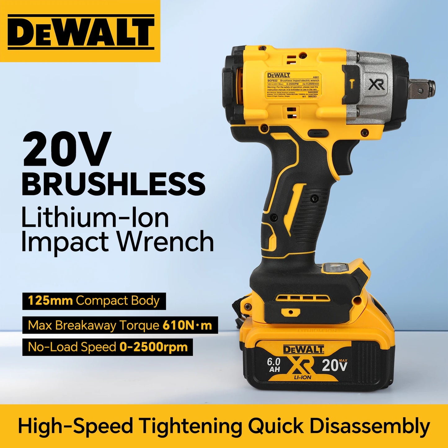 DEWALT DCF922 610Nm High Torque 20V Brushless Cordless Impact Wrench for Automotive Maintenance
