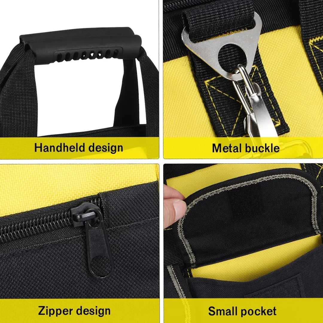 Heavy Duty Electrician Tool Bag, Large Capacity Tool Storage Bag with Multiple Compartments, Durable Polyester Work Bag with Sturdy Handles, Black Yellow Tool Bag for Job Sites
